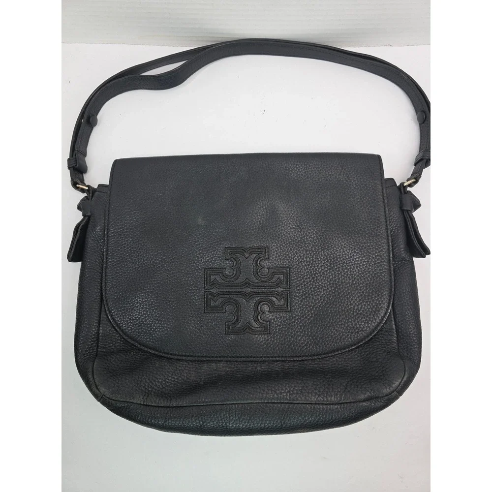 Tory Burch Amanda Black Pebbled Leather Crossbody Messenger Bag Logo Flap‎